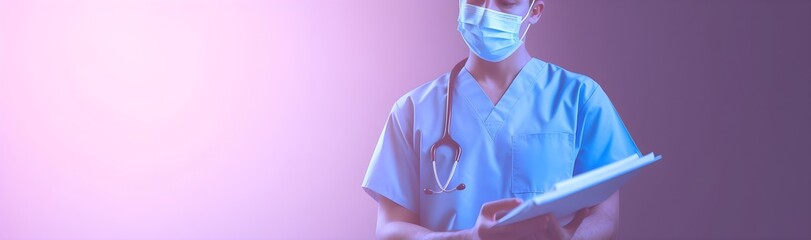 Close up portrait of smiling young male surgeon wearing a mask, medical worker, doctor in scrubs, clinic, clipboard , bokeh abstract glowing blue and pink background, copy space, banner, ai generated