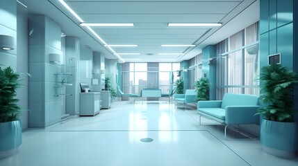 Wall Mural - Hospital large white and blue hall interior with comfortable chairs and medical equipment in a modern hospital clinic, clean, wide windows, beautiful view, 3D, AI Generated.