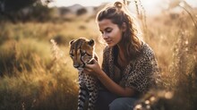 Beautiful Volunteer Woman Worker Wild Life Protection Touching, Stroking A Cheetah, Sunset Savanna Landscape, Freedom. Rescue, Africa, Hot, Ethnic., Tribe, Mystic, Copy Space, AI Generated