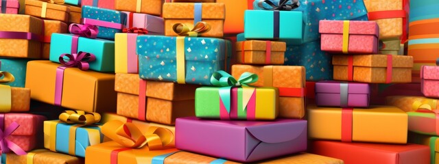 A vibrant stack of beautifully wrapped gift boxes in various sizes and patterns, conveying the joy and spirit of giving. Web banner backdrop. Generative AI