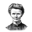 A black and white vintage engraving of a portrait of Marie Curie with face straight-on, facing the camera - Generative AI