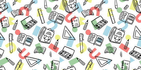 Cute hand drawn back to school seamless pattern, lovely school supplies, great for banners, wallpapers, wrapping - vector design