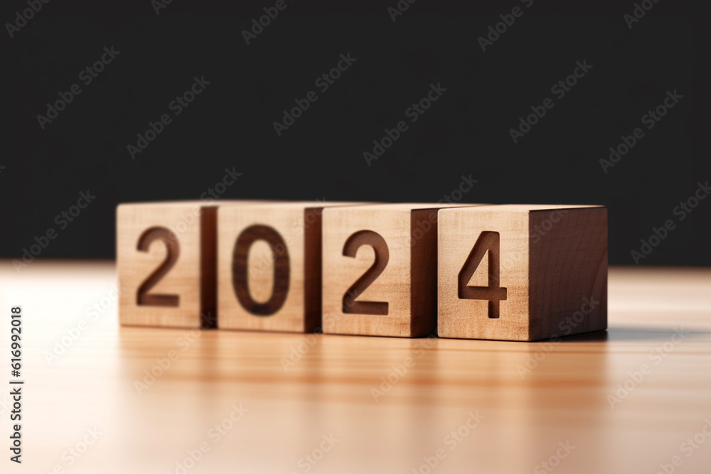 2024 New Year. Wooden block letters showing the numbers 2024, Goal plan ...