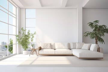 white minimalist living room interior with sofa on a wooden floor, decor on a large wall, white land