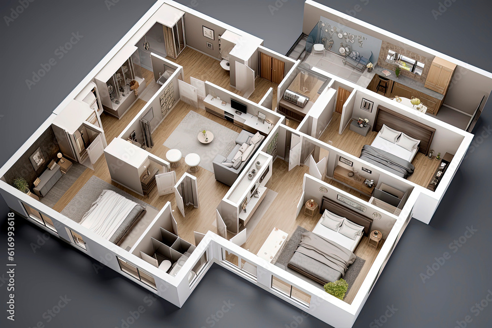 Generative AI 3D floor plan illustration of a house with 3 bedrooms ...