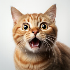 Surprised shocked ginger cat on a white background. AI generative.