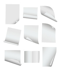 Collection of blank paper pages in different positions isolated on transparent background