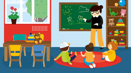 Poster - Teacher and pupils in classroom. Vector illustration in flat style.