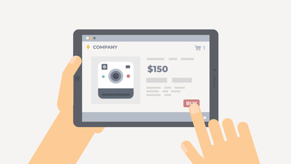 Shopping online vector illustration. Hand selects items on a tablet via application or website. Internet ordering and shipping concept.