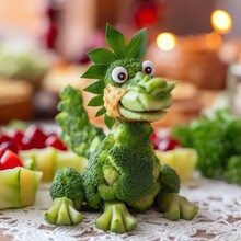 
Green Dragon From Vegetables And Herbs. Carving In Cooking As The Art Of Artistic Cutting. Decoration Of Food For A Feast For The Holiday. Generative AI
