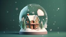 A Beautiful Snow Ball With A House And Christmas Trees. Christmas, Winter
