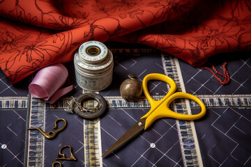 Canvas Print - A well-composed photo featuring essential sewing tools - tailor's chalk, a measuring tape, and shears, arranged on a patterned fabric, highlighting the preparation stage in sewing.