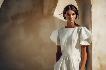 A beautiful model in a white dress stands near a sandstone wall in the sun.
