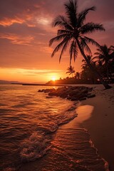 Wall Mural - Serene Beach Sunset. Beautiful tropical beach with palm trees silhouettes at dusk. Generative ai.