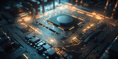 Printed circuit board futuristic server/Technology blue bright background of the abstract computer motherboard, technological processes, science, education