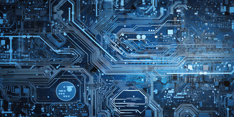 Printed circuit board futuristic server/Technology blue bright background of the abstract computer motherboard, technological processes, science, education