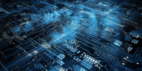 Printed circuit board futuristic server/Technology blue bright background of the abstract computer motherboard, technological processes, science, education