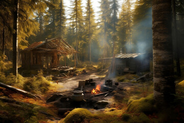 A photo depicting an old, rustic gold miner's camp set up in a clearing, providing a glimpse into the life of a prospector.