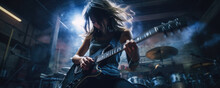 A Female Guitar Player, Soulfully Playing A Guitar. With Some Motion Blur. A Guitarist Of A Girls Band. Hand Modified, Generative AI. 