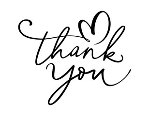 Thank you handwritten, calligraphy, lettering design 
& thank you vector, text for thank you poster, banner & thank you card with heart for thank you speech, compliment, gratitude & appreciation