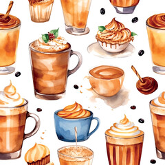 Wall Mural - Vintage template with coffee pattern watercolor. Vector ornament template. Watercolor style texture.