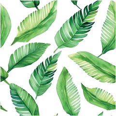 Wall Mural - Trendy abstract seamless pattern with exotic leaf pattern watercolor green background. Summer texture. Abstract tropical background.