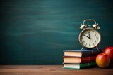 Fototapeta Tematy - Back to School Background: Books, Alarm Clock, and Chalkboard. AI