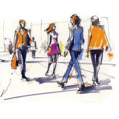 Illustration: a crowd of people walking along a city street. Sketch made with marker and watercolor. Generative ai.