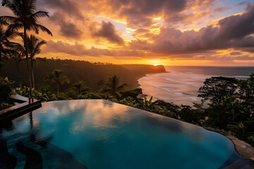 Canvas Print - An aerial photograph capturing the tranquility of a stunning infinity pool, which overlooks a tropical landscape bathed in the golden hues of the setting sun.