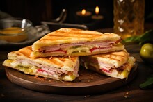 A Cuban Sandwich Filled With Ham, Roast Pork, Swiss Cheese, Mustard, And Pickles. Generative AI
