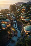 Fototapeta Nowy Jork - Amazing ecological village with organic shape buildings with coean view Background - Spectacular Ecological Village with Ocean-View Organic Structures Backdrop created with Generative AI Technology