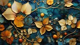 Fototapeta Nowy Jork - Leaves on leather art texture in the style of green and gold, dark amber and gold - Amber harvest dark amber and gold leaves on textured leather created with Generative AI Technology