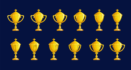 golden trophy cup sequence, animation sprite sheet. cartoon vector gold winner goblet turn around an
