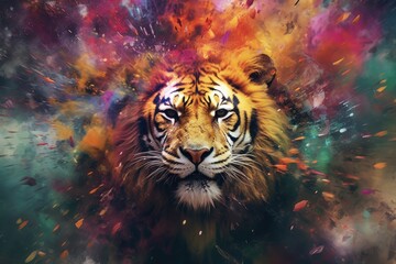 Wall Mural - tiger  form and spirit through an abstract lens. dynamic and expressive tiger print by using bold brushstrokes, splatters, and drips of paint.  tiger raw power and untamed energy