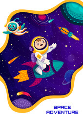 Wall Mural - space poster, cartoon kid astronaut on rocketship flying in galaxy, vector background. boy spaceman 