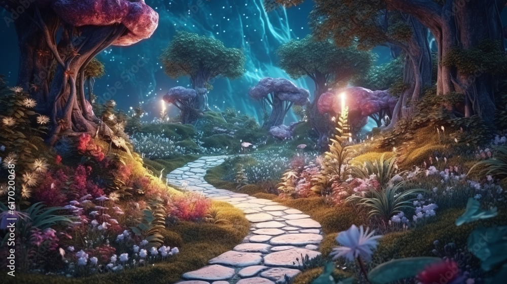 Fantasy fairy tale forest with fireflies in trees, cartoon background ...