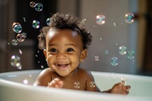 An African American Infant Bathing. A Laughing Happy Black-skinned Baby Splashing Happily In A Bathtub, Surrounded By Bubbles And Bath Toys. Generative AI.