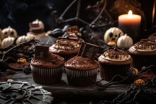 Halloween Food. Graveyard-inspired Cupcakes, Decorated With Chocolate Tombstones And Cookie Dirt. Halloween-themed Dessert Table With Cobwebs, Bats, And Other Spooky Decorations. Generative AI.
