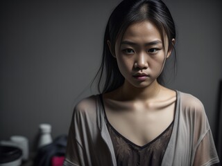 Sad asian teenager girl in dirty torn clothes in dark room. Generative AI