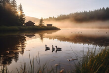 A Family Of Ducks Swims Across A Calm Lake Near A Secluded Campsite At Dawn. This Image Portrays The Serenity And Close Connection With Wildlife Experienced During Camping.
