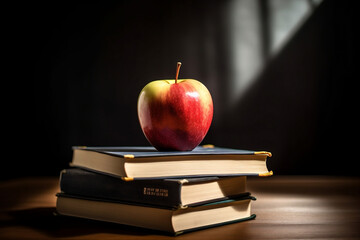 Sticker - A pile of books with a shiny apple on top, set against a blurry background of a classroom. This image symbolizes the pursuit of knowledge in the new school year.