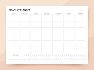 Wall Mural - Monthly planner. Timetable for month with habit tracker. Journal page template. Week starts Sunday. Homework organizer. Empty schedule. Simple blank of diary. Paper size A4. Vector illustration.