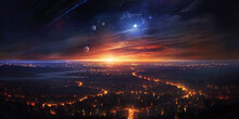 Futuristic City In Night Lights With Galaxy Planets In Sky, Fantasy Realistic Background. Sunset In Futuristic Megapolis With Space Moon On Horizon In AI Generative