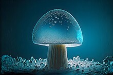 Mushroom Carved Out Of Shiny Ice Bright Setting Blue Background Sparkles Of Light Shining Off Ice Snow On The Ground Mystical 8k High Resolution Detailed Realistic Photorealistic 