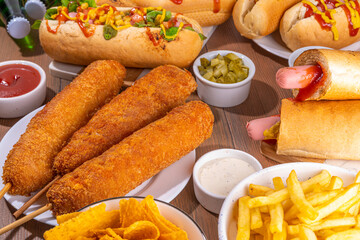 National Hot Dogs day background, hotdog summer party festival foods, Various type of traditional hot dogs - french, corn dog, classic. mexican loaded hotdog, with snack, beer bottles and sauces