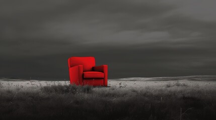 Wall Mural - a single chair, painted red, can be seen sitting in the center of a green field.