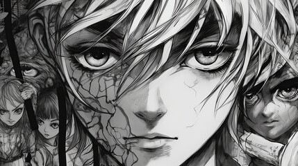 Wall Mural - Black and white portrait of a person, captivating anime-style sketch: embrace the raw expressiveness of character development, Generative AI