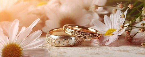 Beauty of gold ring and rose wedding celebration, jewelry with romantic flowers, luxurious table background, love and romance on beautiful anniversary and valentine's day