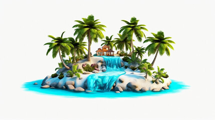 Wall Mural - 3d island paradise beach clipart in animation style, in solid white background