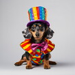 dappled miniature dachshund dressed as clown sitting isolated on light studio background, made with generative ai
